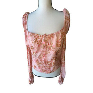 Free People Size M Hilary Printed Keyhole Top Pink Floral Boho Smocked - New
